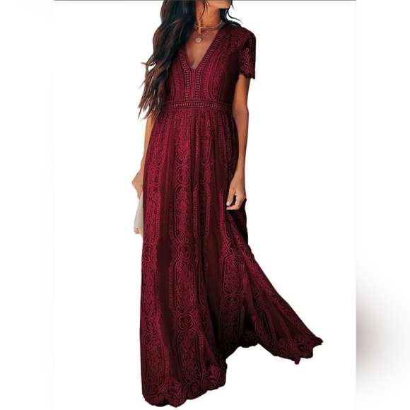 Dokotoo Women's Red V Neck Lace Dress Long Party Wedding Dresses Short Sleeve xl - Picture 3 of 9